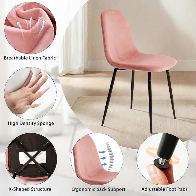 CangLong Modern Velvet Chairs with Metal Legs for Living Room, Bedroom, Restaurant, Dining Room, Set of 4, Pink