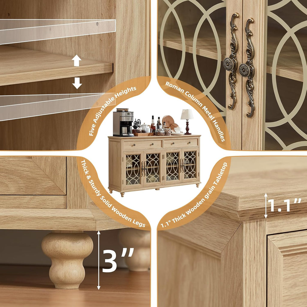 Joaxswe Farmhouse Sideboard Buffet Cabinet with Storage,59" Large Credenza with 4 Glass Doors & 2 Drawers,Adjustable Shelves Console Table,Wood Kitchen Coffee Bar for Dining Room,Living Room,Natural