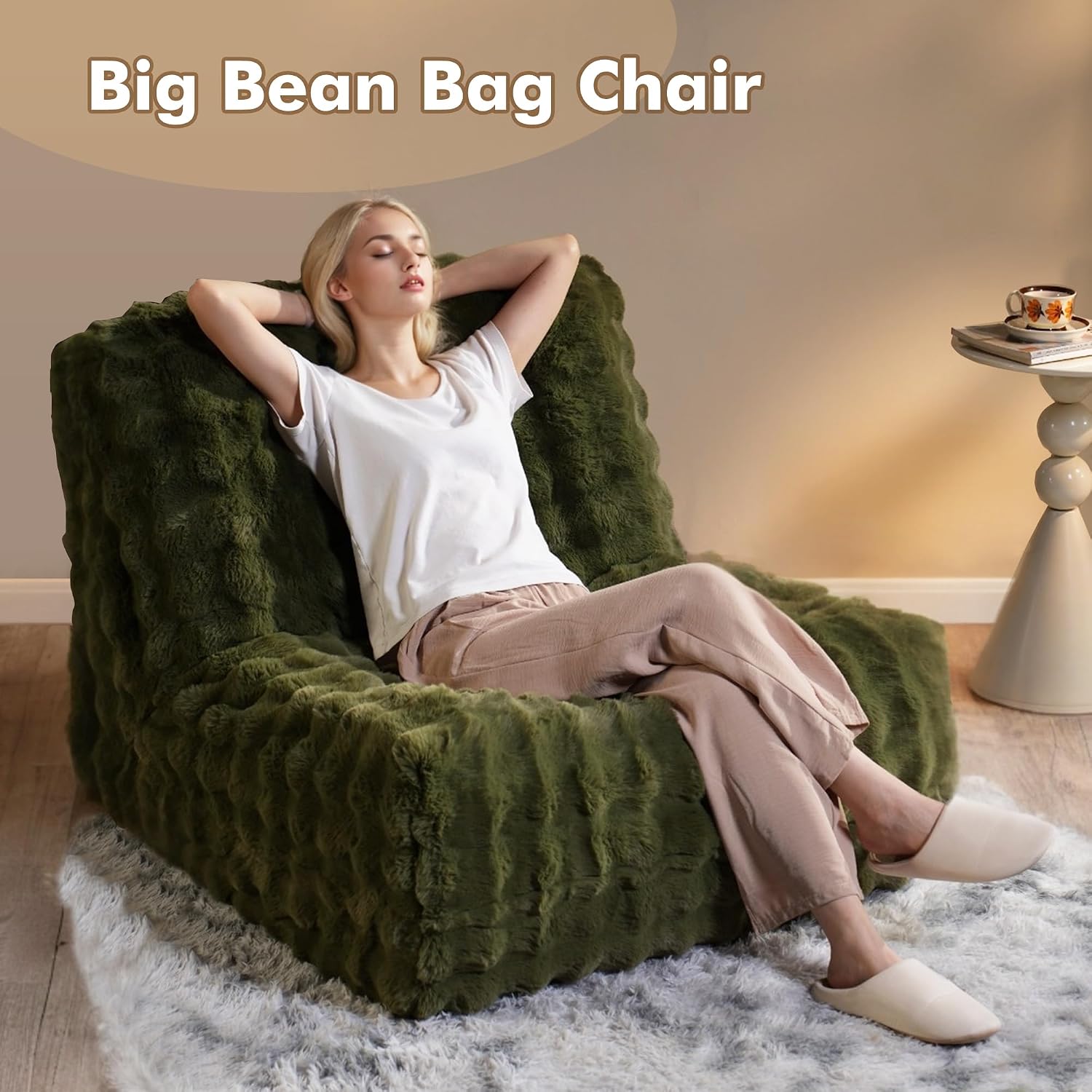 CAODOC Bean Bag Chair for Adults, Giant Oversized Fluffy Bean Bag for Fireside, Big Bean Bag Lounger Floor Chair for Home, Apartment, Gaming Venue, Dorm, Green