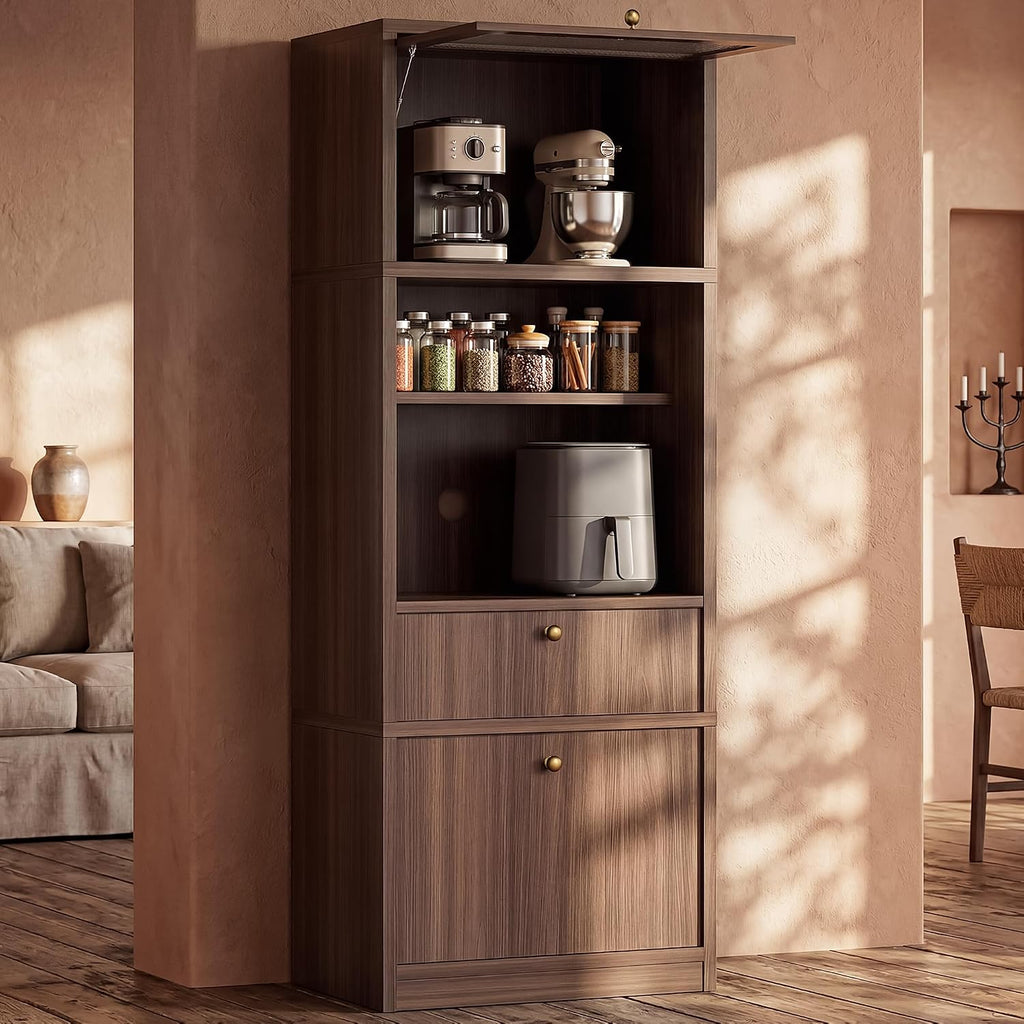 71" Tall Kitchen Pantry Cabinet with Fluted Door & Drawers, Walnut | Adjustable Shelves, Anti-tip Device, Freestanding, Spacious Kitchen, Bathroom Storage, Living Room, Modern Farmhouse Style