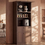 71" Tall Kitchen Pantry Cabinet with Fluted Door & Drawers, Walnut | Adjustable Shelves, Anti-tip Device, Freestanding, Spacious Kitchen, Bathroom Storage, Living Room, Modern Farmhouse Style