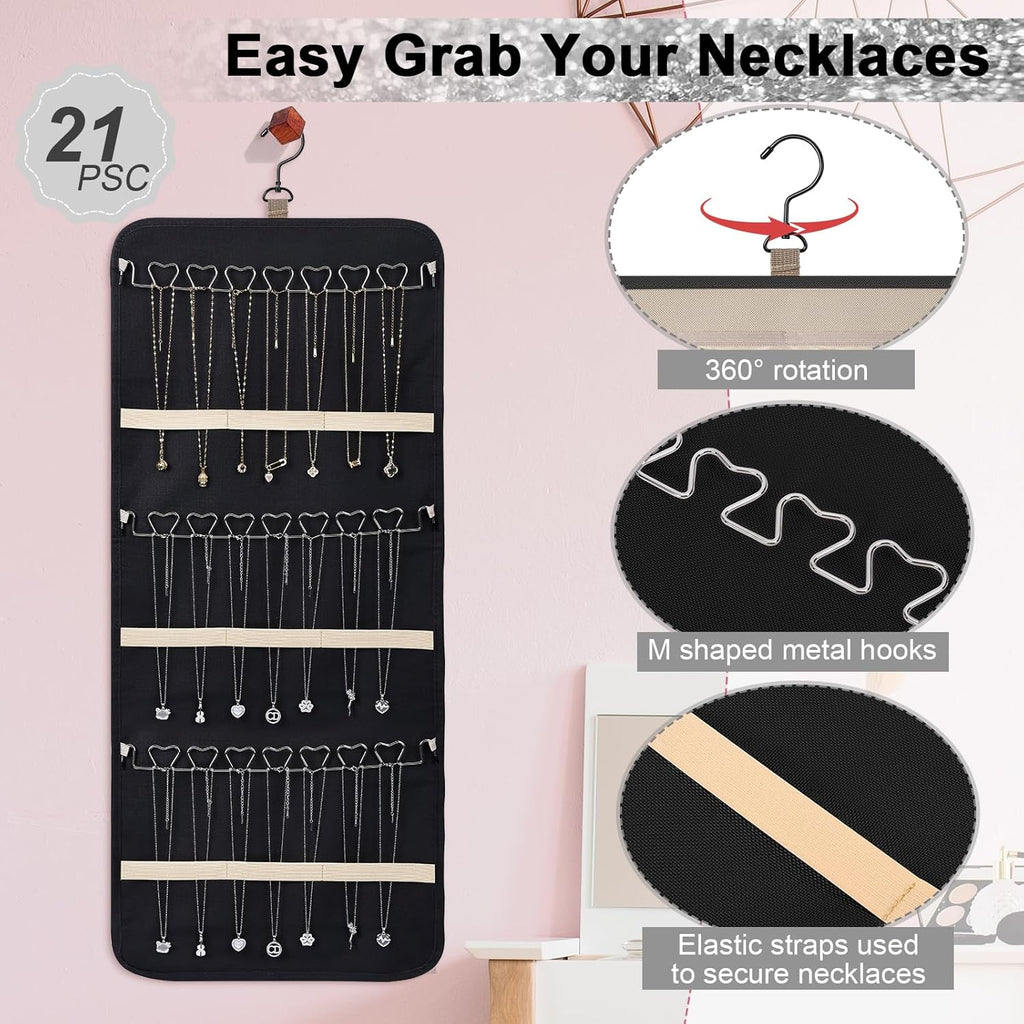 Dynoro Double-Sided Hanging Jewelry Organizer, Large Black Storage Roll for Earrings, Necklaces, Rings, 48 Pockets 21 Hooks, Durable Oxford Fabric for Closet, Wall, Door, 1 piece, Jewelry Not Included