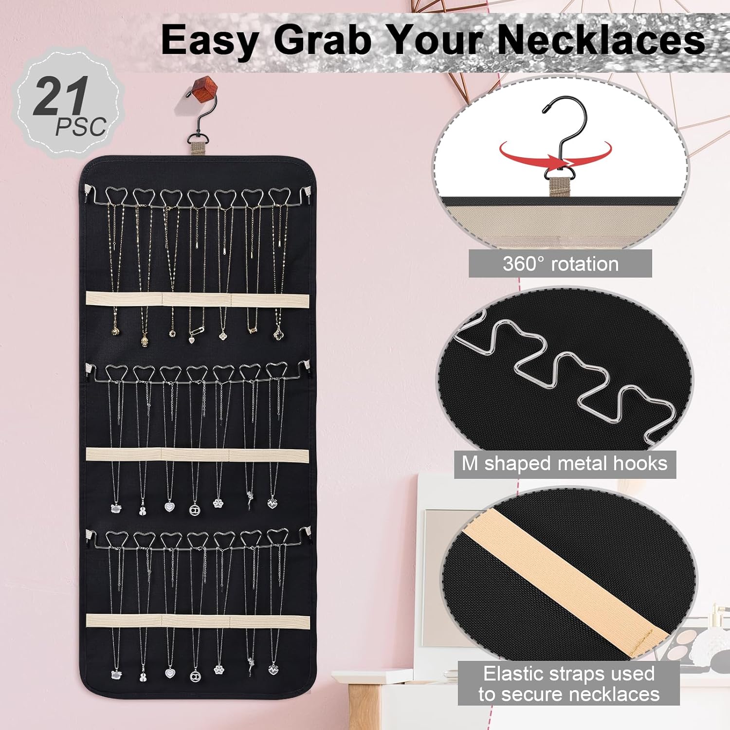 Dynoro Double-Sided Hanging Jewelry Organizer, Large Black Storage Roll for Earrings, Necklaces, Rings, 48 Pockets 21 Hooks, Durable Oxford Fabric for Closet, Wall, Door, 1 piece, Jewelry Not Included