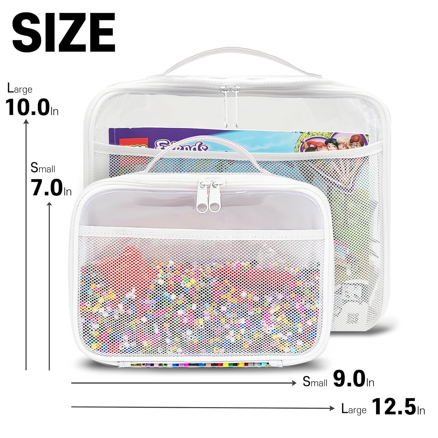 holay 4 Packs PVC Zippered Blocks Set, Toy, Clay, Board game Storage Organizer Case (Name Tag, Manual Pocket) (White, Large)