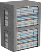 CYhom Clothes Storage Bins Box - Linen Fabric Foldable Stackable Container Organizer Set with Clear Window & Carry Handles & Metal Frame - 2Pack Large Capacity for Bedding, Blankets, Books