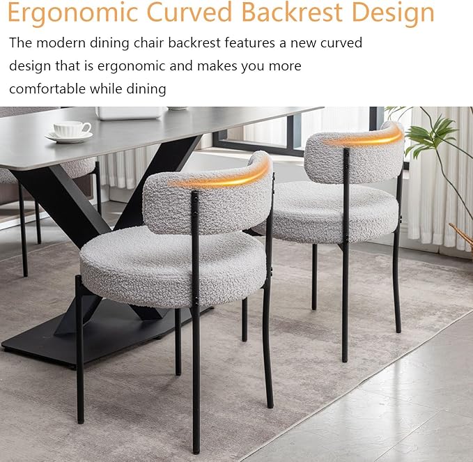 Boucle Dining Chairs Set of 2, Upholstered Dining Room Chairs with Black Meta...