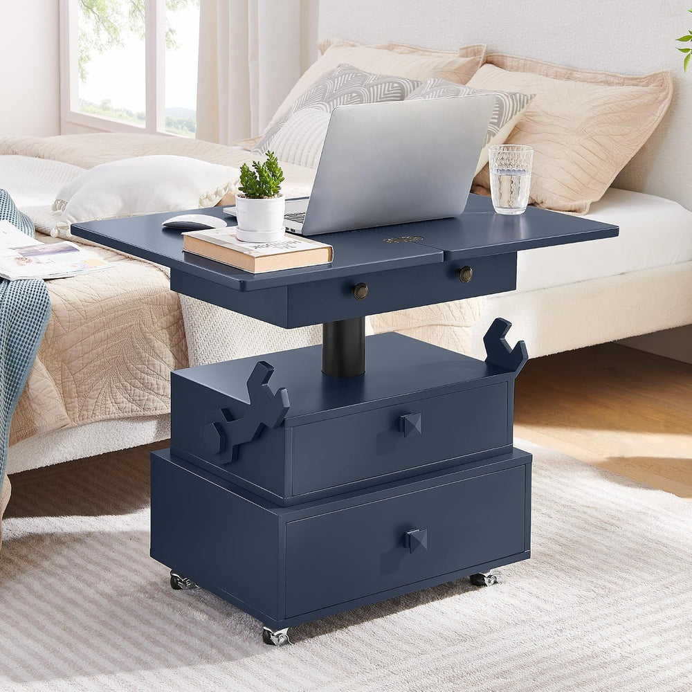 High Gloss Rolling Lift Top End Table with Charging Station, Height Adjustabl...