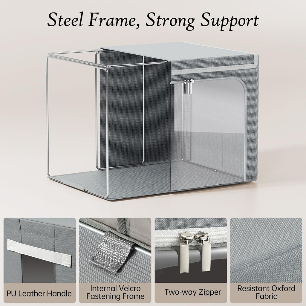 Yecaye Clothes Storage Bins with Metal Frame, Foldable Clothing Storage Bin with Lid, Stackable Oxford Fabric Organizer Box With Clear Window & Zippers & PU Leather Handles (6 Pack,Grey,40L)