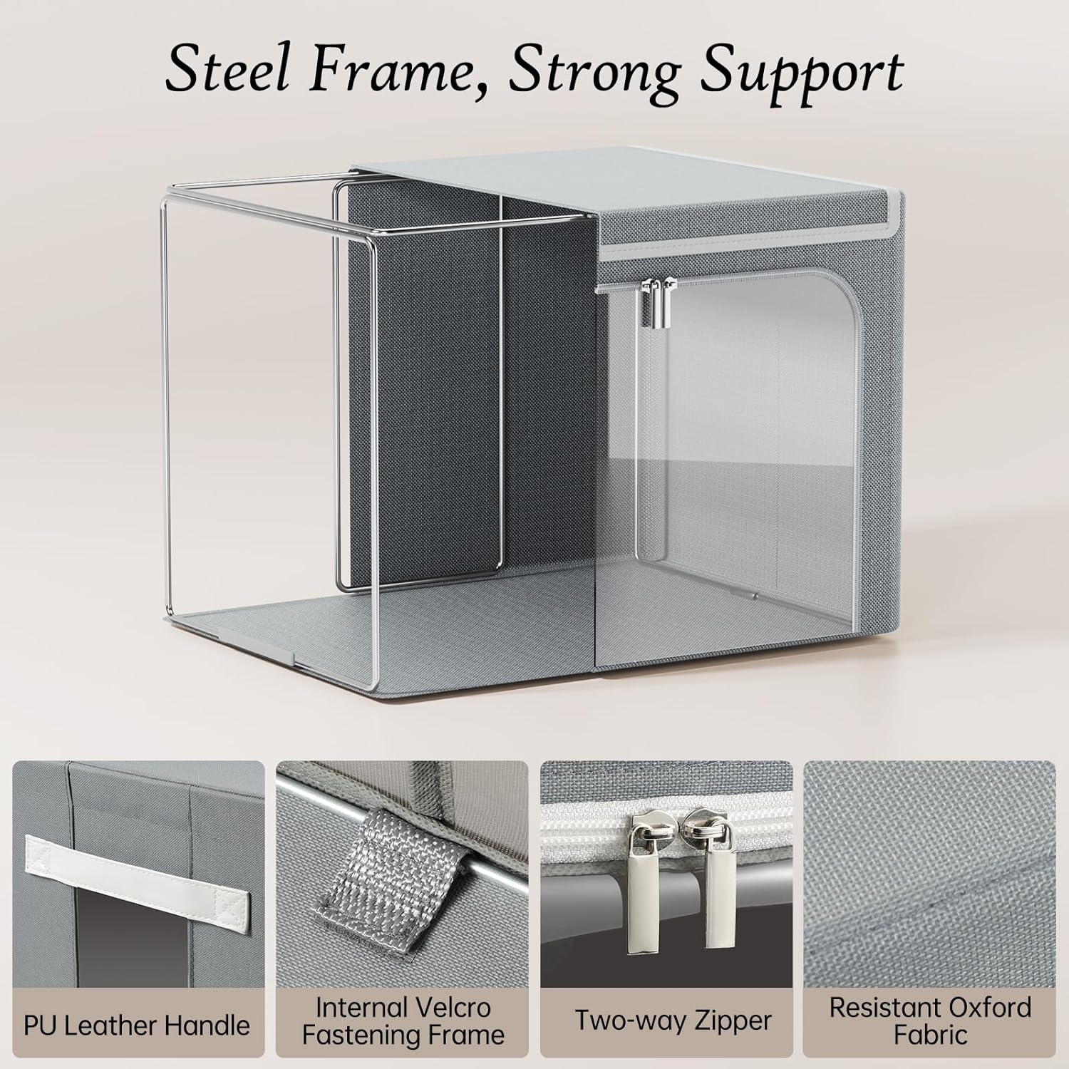 Yecaye Clothes Storage Bins with Metal Frame, Foldable Clothing Storage Bin with Lid, Stackable Oxford Fabric Organizer Box With Clear Window & Zippers & PU Leather Handles (6 Pack,Grey,40L)
