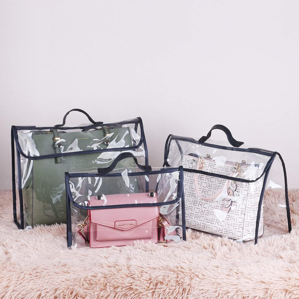 Univivi 6 Pack Dust Bags For Purses and Handbags,Clear Dust Covers Bag Organizer Closet Organizer System,Bedroom Handbag Organizer, With Magnet Button & Leather Handle (3 Size)