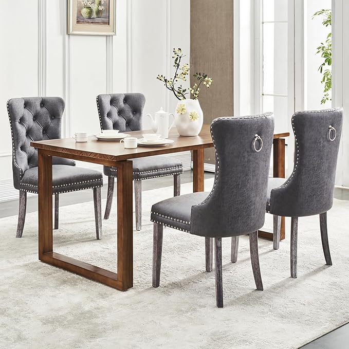 Kiztir Leather Dining Chairs Set of 4, Upholstered Dining Chair with Nailhead Trim and Solid Wood Legs, Luxury Wingback Dining Side Chair for Living Room, Bedroom, Kitchen (Grey)