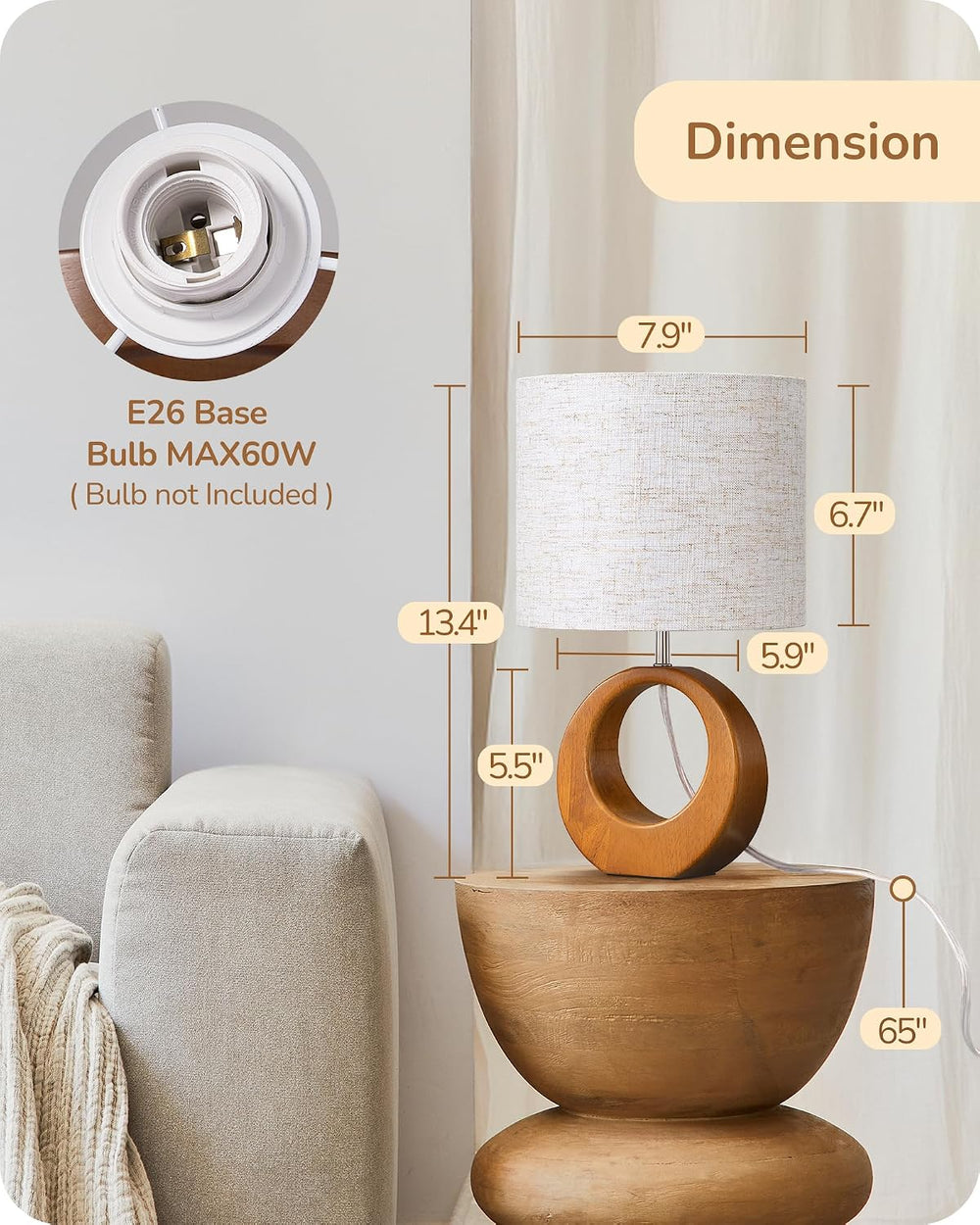 EDISHINE Small Wood Table Lamp, Nightstand Lamp, ON-Off Switch, Living Room