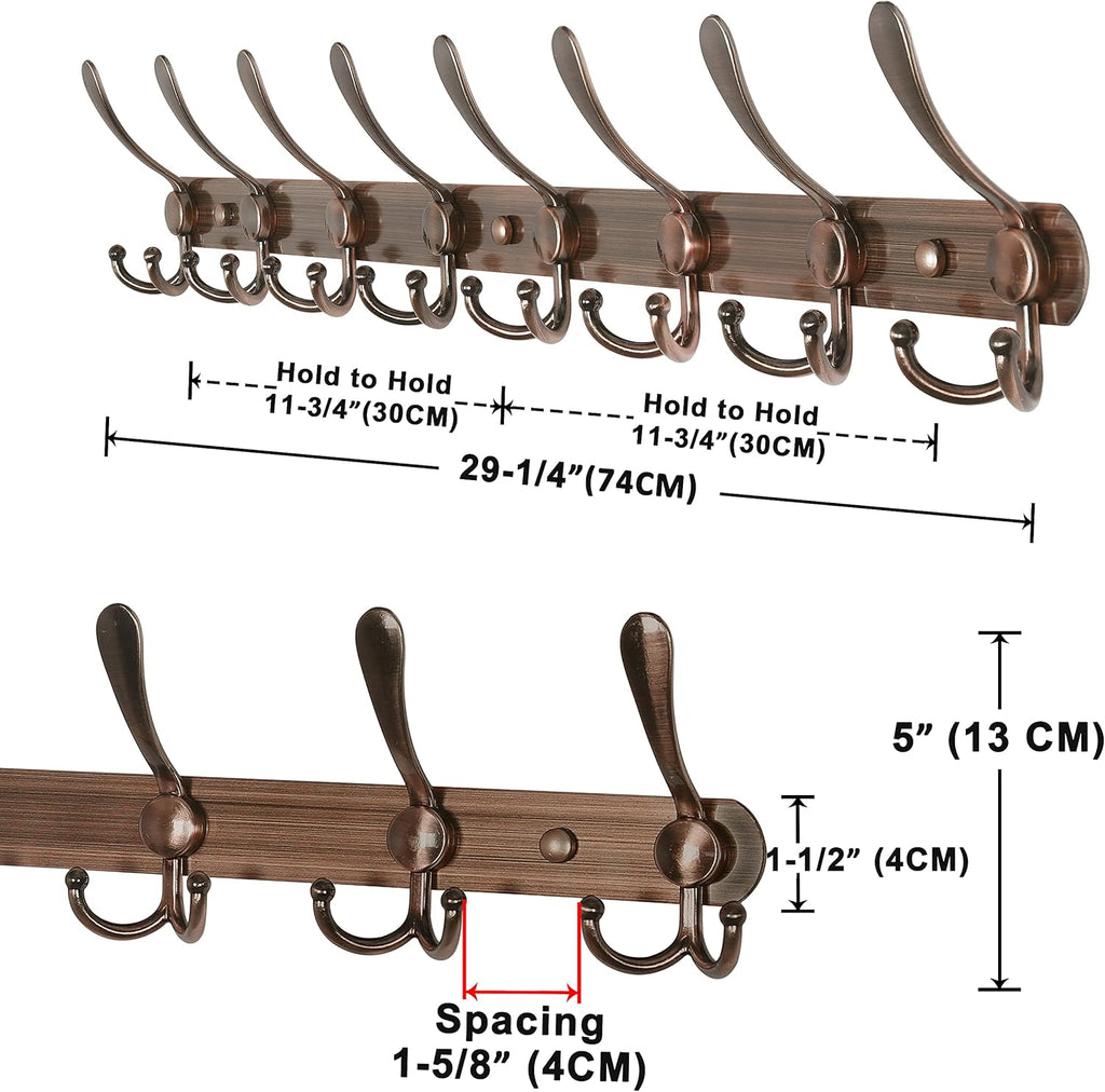 Dseap Coat Rack Wall Mount - 29.5” Long 8-Tri-Hooks Heavy Duty Coat Hanger Rail Wall Hooks for Hanging Coats Hats Clothing Clothes Purse Mudroom Entryway, Pack of 2