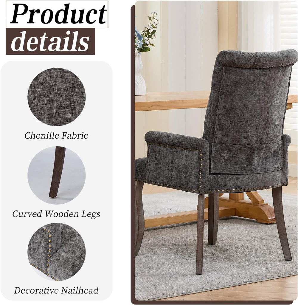 Shenyon Grey Single Dining Chair with Arms, Chenille Upholstered Dining Room ...