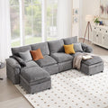 130" U Shaped Modular Sectional Sofa, Couch with Ottoman Storage, Chenille Cloud Couch with Plush Deep Seating for Living Room, Bedroom (Light Grey, 6 Seat)