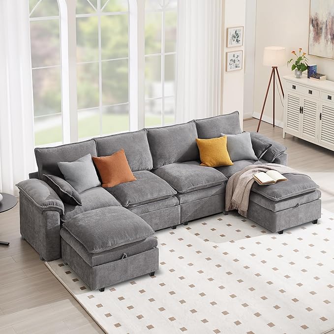 130" U Shaped Modular Sectional Sofa, Couch with Ottoman Storage, Chenille Cloud Couch with Plush Deep Seating for Living Room, Bedroom (Light Grey, 6 Seat)
