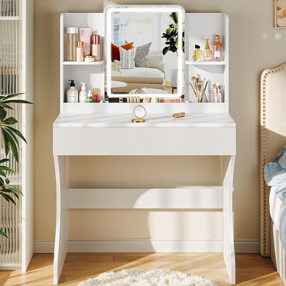 Driftalia White Small Vanity Desk with Mirror and 3 Color Adjustable Lights |...