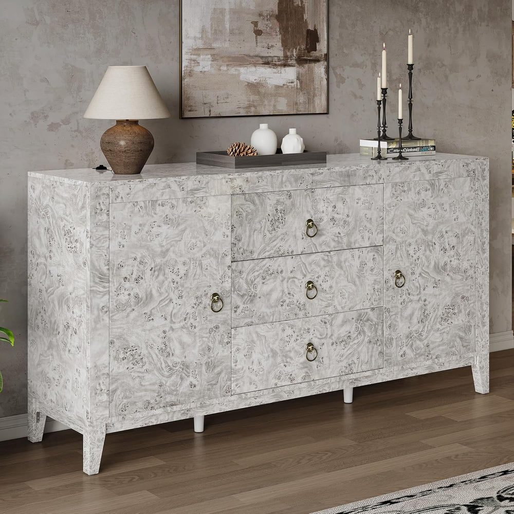 LUXOAK 60'' High Gloss Burl Wood Buffet Sideboard, Storage Cabinet wi...