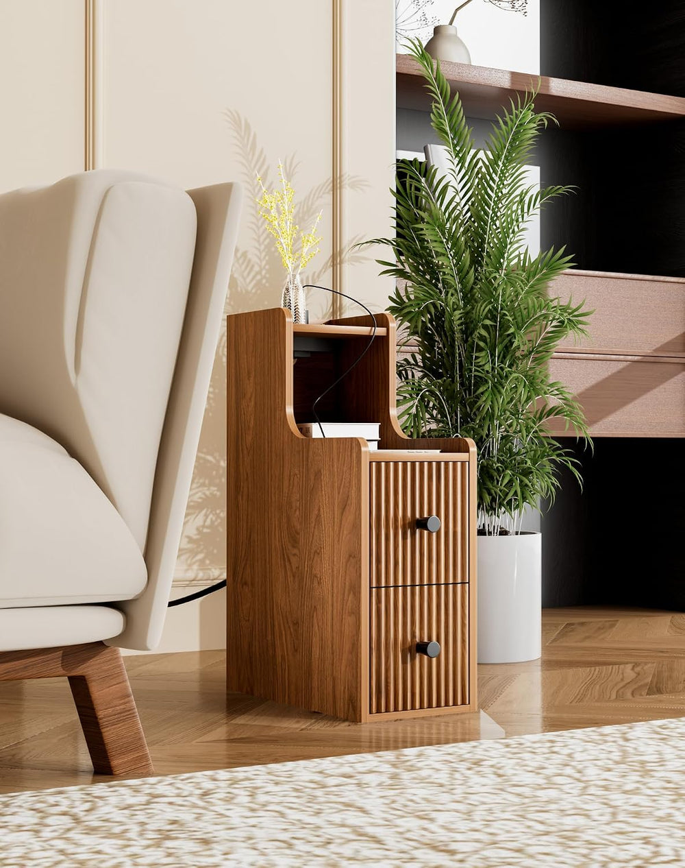 Narrow Side Table with Charging Station, Slim Nightstands with Storage Drawer...