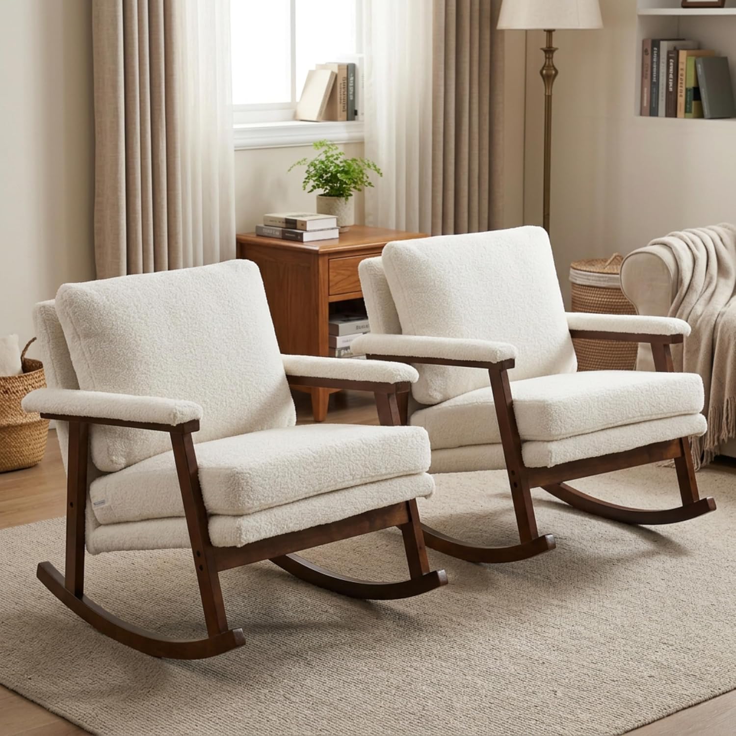 Rocking Chair Nursery, Compact Glider Rocking Chair for Indoor Use, Small Upholstered Rocker Chair for Bedroom Living Room, Teddy Fleece Accent Chair,White