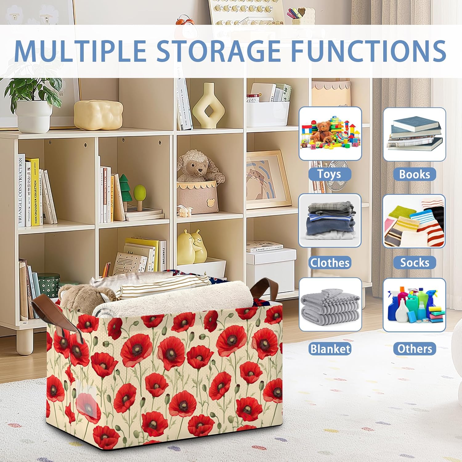 Vintage Poppy Flower Storage Baskets,Foldable Large Capacity Organizer Bins with Waterproof Lining and Leather Handles for Closet,Shelf,Bedroom 17x11.5x10Inch
