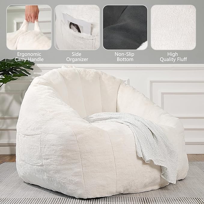 Giant Bean Bag Chair, BeanBag Couch Filler with Memory Foam, Ergonomic Faux Fur Shell-Shaped Accent Chair Gaming and Reading Living Room, Bedroom, Beige