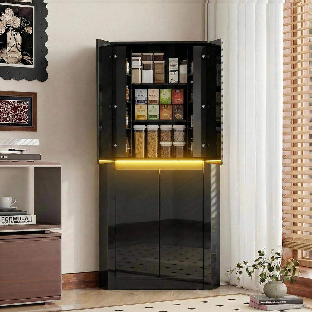 Anbuy 67'' Tall Pantry Cabinet with Led Light, Corner Pantry Cabinet ...
