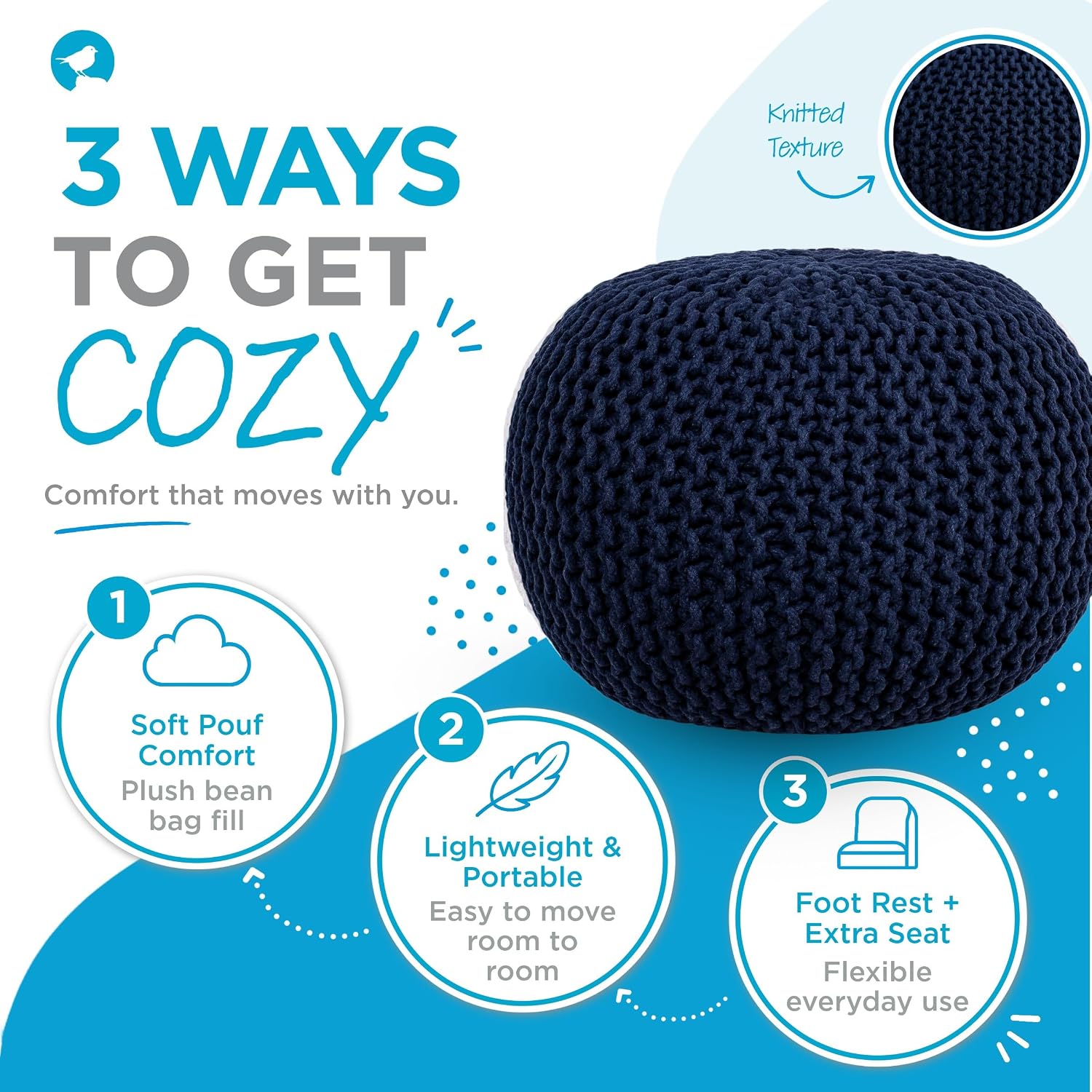 BIRDROCK HOME Round Pouf Ottoman Foot Rest - 18.5”x18.5”x15” Boho Compact Comfortable Soft Cotton Braided Foot Stool with Bean Bag Filling for Living Room, Bedroom, or Nursery (Navy)