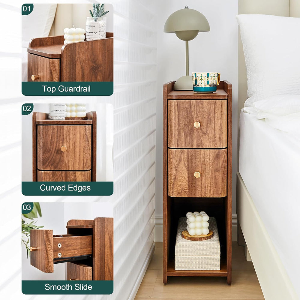 Narrow End Table Bedroom, Wooden Small 2 Drawer Nightstand, Thin Couch Side E...