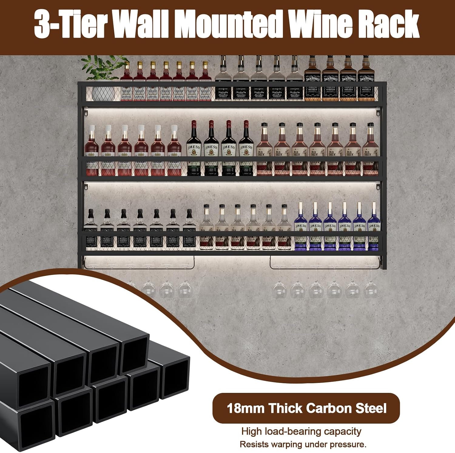 Wine Rack Wall Mounted with LED Light,Bar Liquor Shelf,Black,100cm | Metal,3-Tiers,Wine Glass Holder,Industrial Liquor Bottle Display Storage Shelf,for Home Bar, Dining Room
