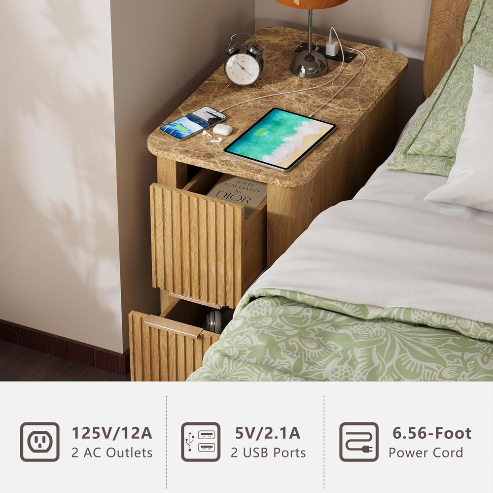win2win Narrow End Table with Charging Station, Fluted Side Table with Faux M...