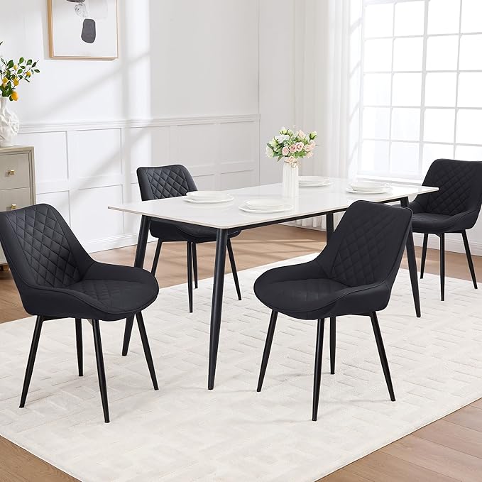 Dining Chair Set of 4, Modern Dining Chairs with Thick Cushions, Faux Leather Upholstered Kitchen Dining Room Chairs with Metal Adjustable Legs for Dining Living Room, Black