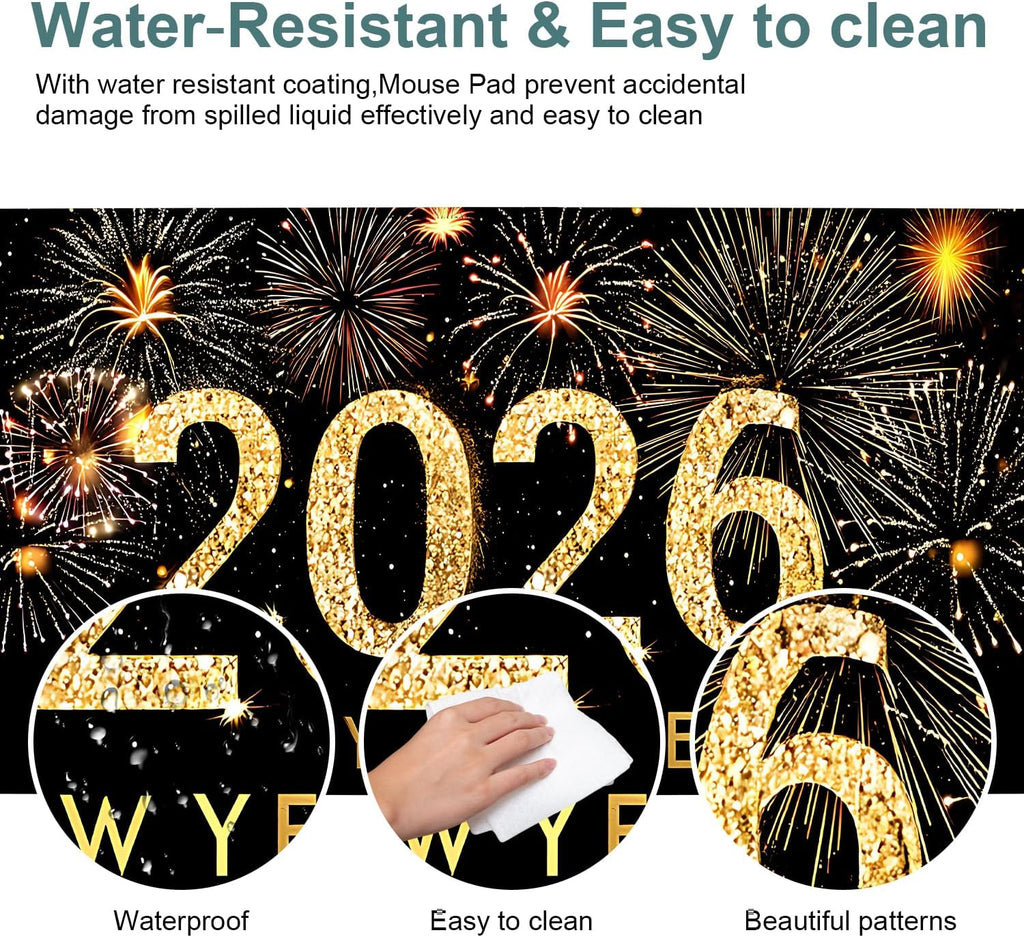 2026 Happy New Year Gaming Mouse Pad 31.5"x11.8"Desk Mat Anti-Slip Rubber Base & Durable Stitched Edges for Gamers Smooth Mouse Writing Surface for Desk Office/Home