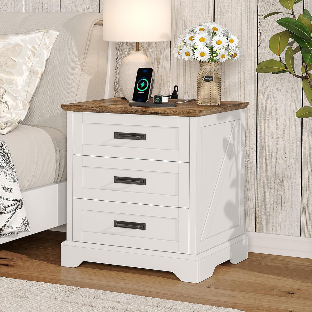 Whalefall 3 Drawers Farmhouse Nightstand with Charging Station, White | 22...