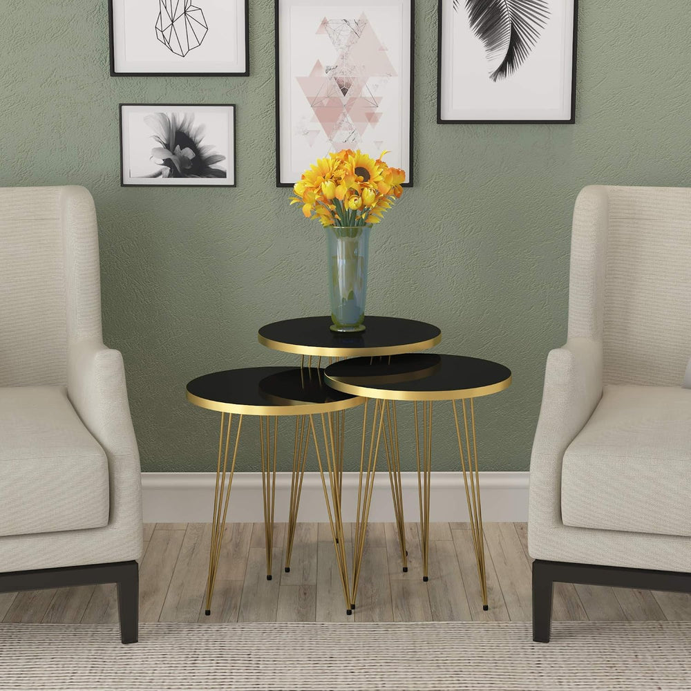 Set of 3 High Gloss Black Gold Legs Nesting End Tables Round Wood Stacking Co...