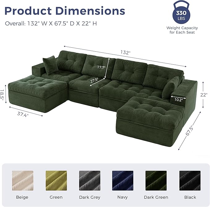 MAXYOYO 132" U Shaped Modular Sectional Sofa with 2 Ottomans, Cloud Boneless Couch with Layered Cushion, Flexible Module Combination Sofa for Living Room, No Assembly Required, Dark Green