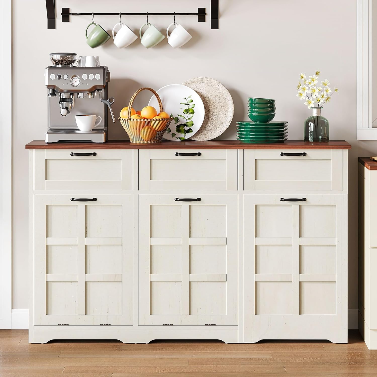 DWVO 58.3" Rustic Kitchen Island Storage Cabinet | Tilt Out Trash Can Cabinet, Farmhouse Kitchen Island with 3 Drawers, 2 Tilt-Out Doors for 10 Gallon Bins, Adjustable Shelf