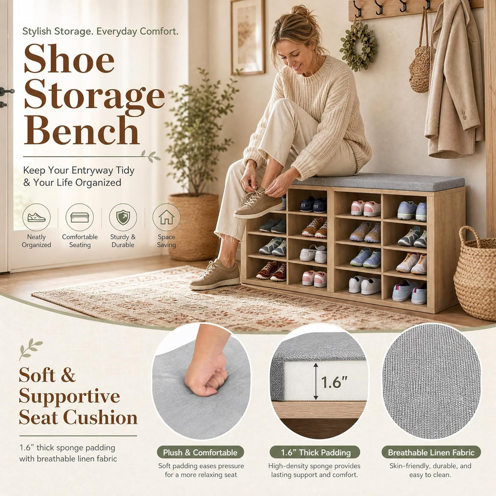 Shoe Storage Bench with Cushion, 16-Cubby Entryway Bench with Adjustable Shel...
