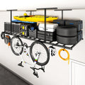 FLEXIMOUNTS 4x8 Overhead Garage Storage Rack with 6 Hooks, Adjustable Storage Organization System, Heavy-Duty Metal Ceiling Racks, 22.6" -39.4" Ceiling Dropdown, Black, Lite Series