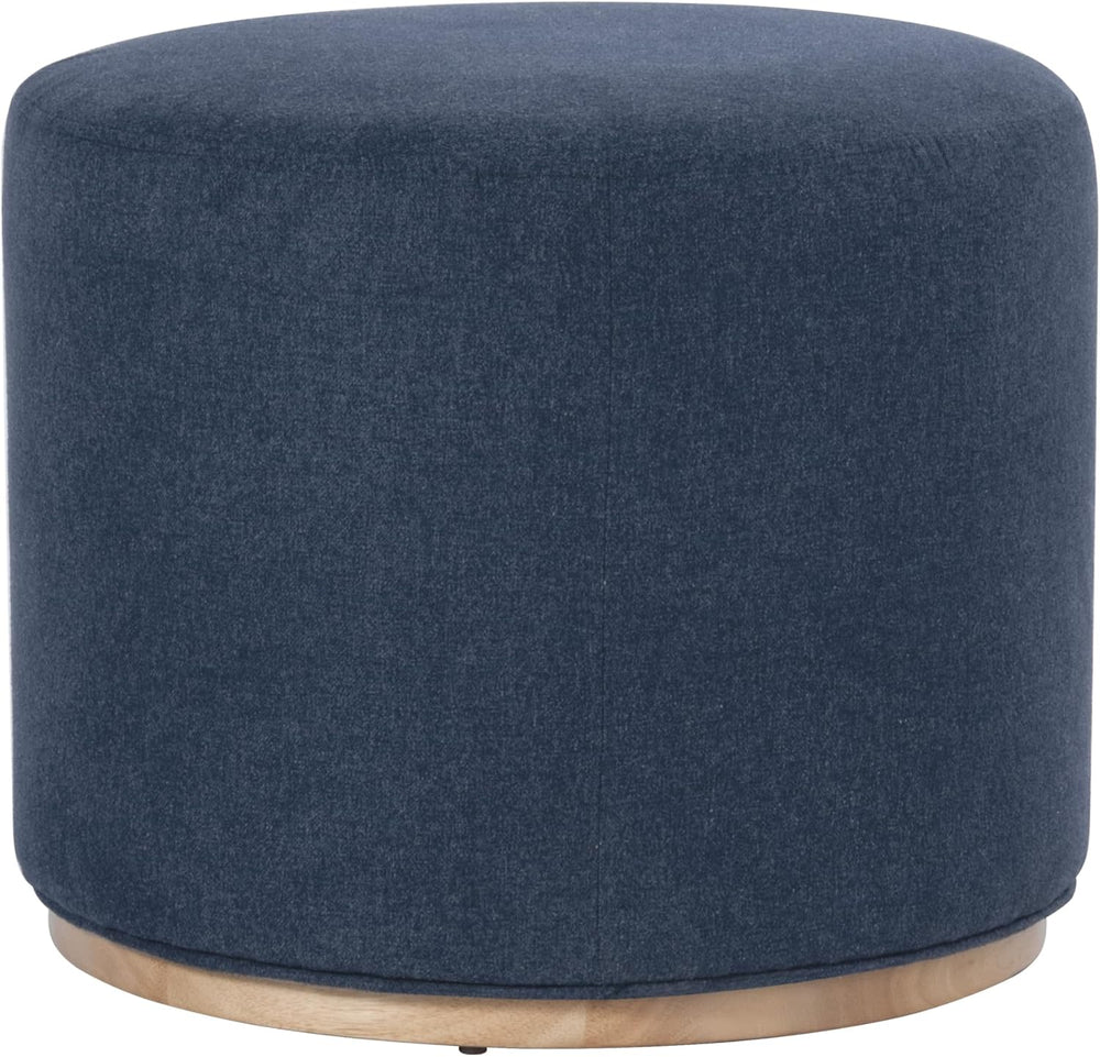 Spatial Order 22" Round Ottoman with Wooden Base - Blue Woven Fabric
