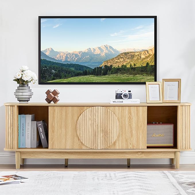 Turtle&Myrtle Mid Century Modern TV Stand 60”, Wood TV Console with Storage for TVs Up to 70 inches, Fluted Sliding Doors, Entertainment Center Media Cabinet for Living Room & Bedroom (Natural Oak)