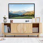 Turtle&Myrtle Mid Century Modern TV Stand 60”, Wood TV Console with Storage for TVs Up to 70 inches, Fluted Sliding Doors, Entertainment Center Media Cabinet for Living Room & Bedroom (Natural Oak)