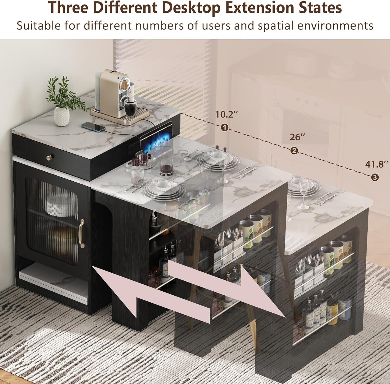 Merax 59.5" Kitchen Island with Extendable Table, Black | Table with Double-Sized Storage, Modern Island with 2 Drawers, Power Outlet, Side Open Shelves for Dining Room