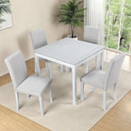 Dining Table Set for 4, 5-Piece Kitchen Table & Chairs Set with Versatile Square Table & 4 Upholstered Chairs, 34.5'' Dinner Set with Crystal Decorations & Wood Grain Design, Light White
