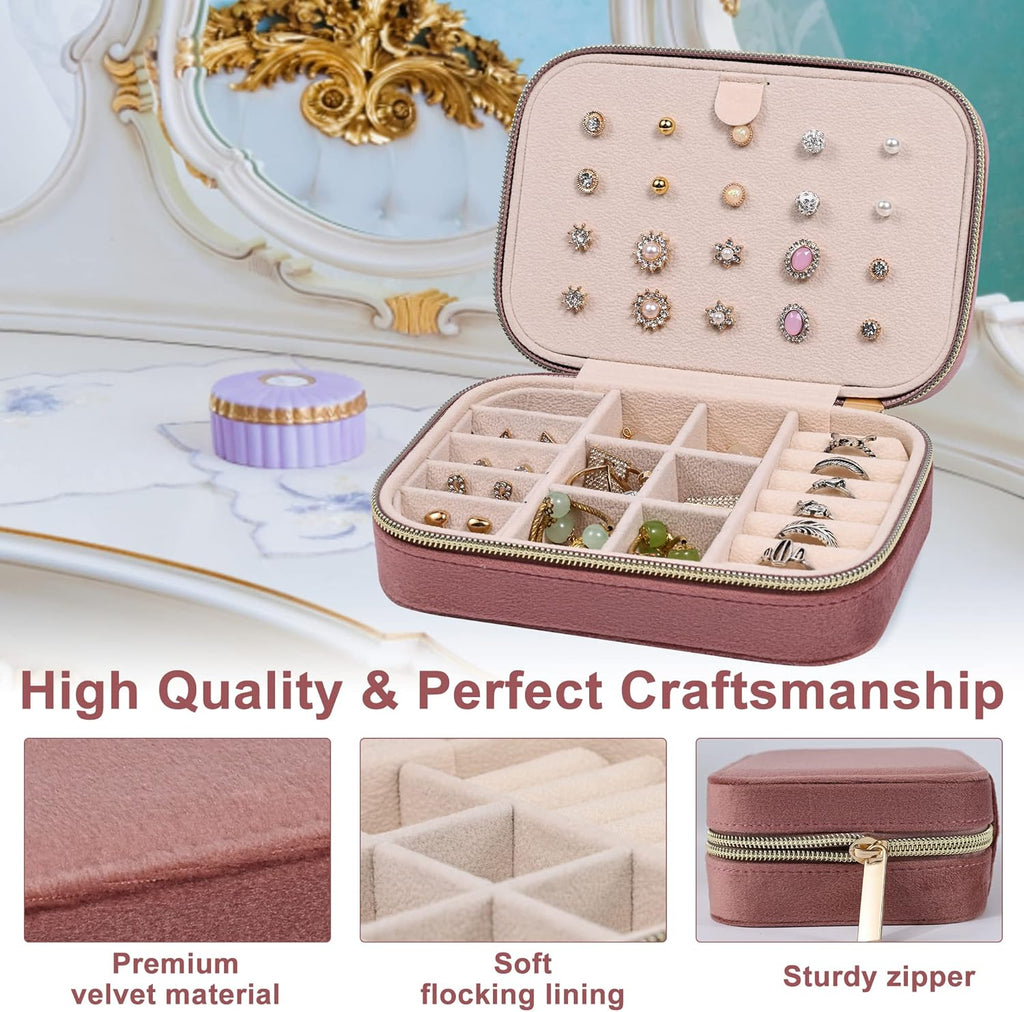 Dajasan Velvet Jewelry Box, Small Travel Jewelry Case, Portable Travel Jewelry Organizer Box for Women Girls (Pink)