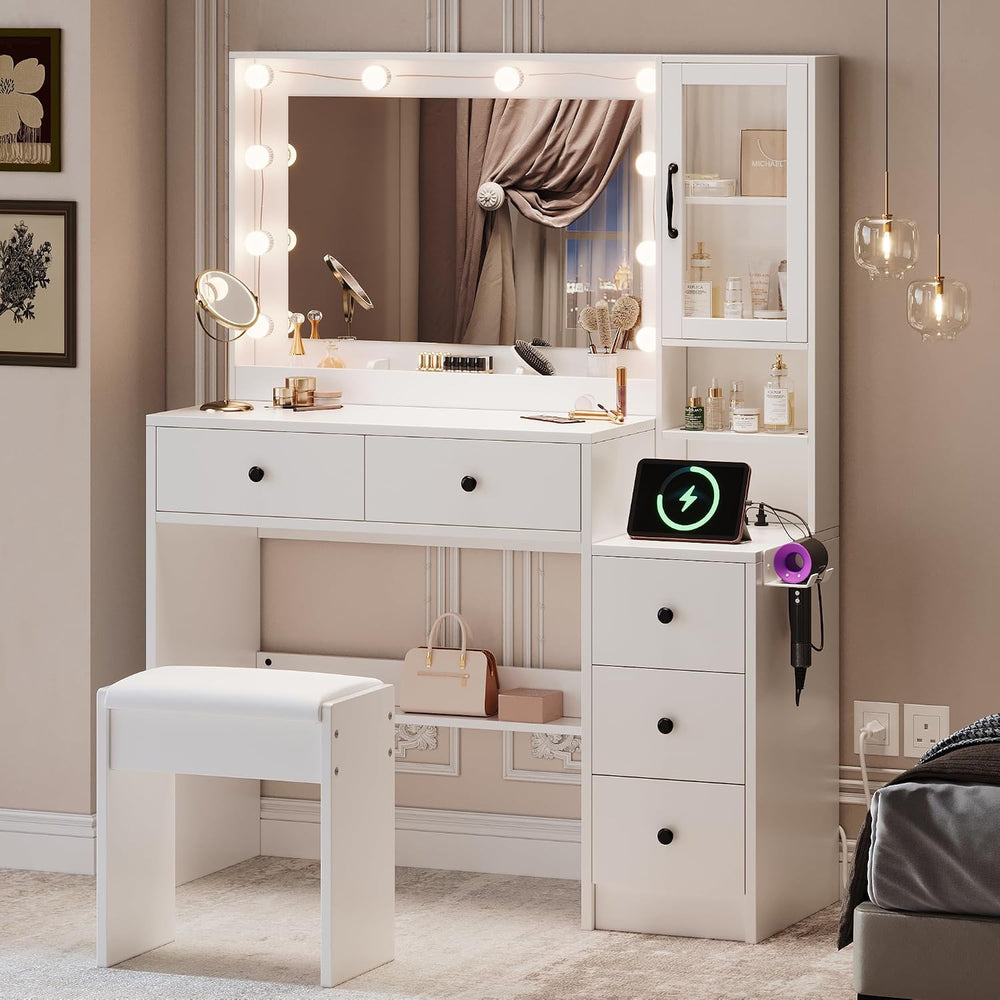 35.4” Makeup Vanity Desk with Charging Station, White Makeup Dressing Table w...