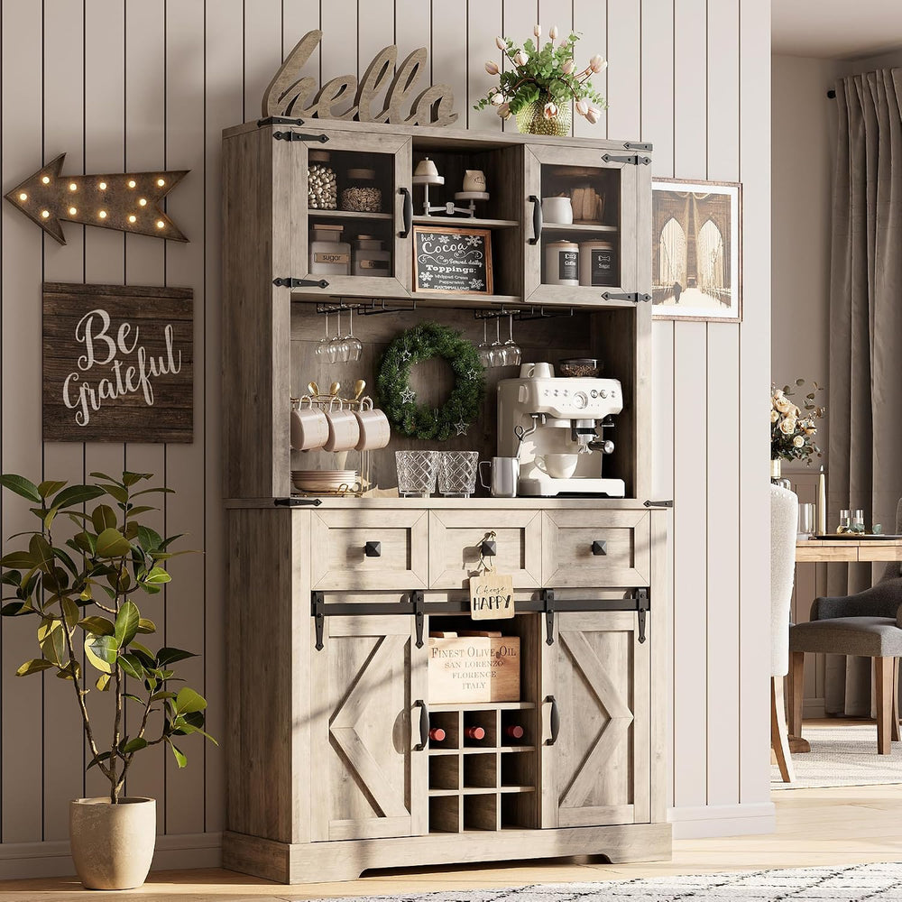 72" Kitchen Pantry Storage Cabinet with Hutch and Sliding Barn Door, Far...