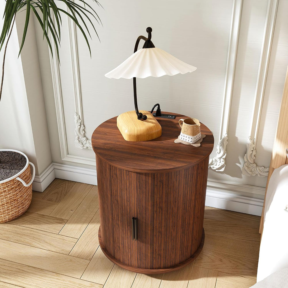 Walnut Nightstand Set of 2 with Charging Station, Mid-Century Round | Each ta...