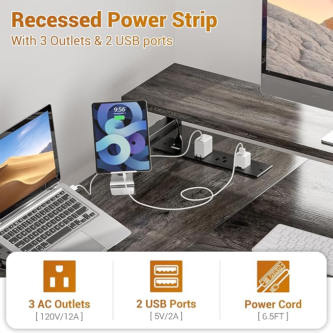 Aheaplus L Shaped Desk with File Drawer, Reversible L Shaped Computer Desk Gaming Desk with Power Outlet & LED Strip, Home Office Desk with Monitor Shelf, Corner Desk with Storage Shelves, Grey Oak