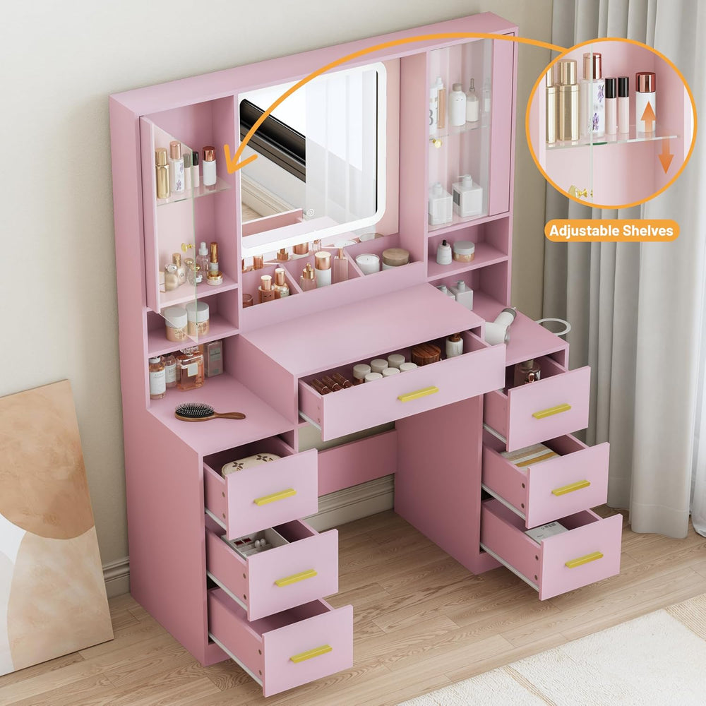 BORNOON Vanity Desk with Mirror and Lights, Makeup Vanity with 7 Drawers, 2 G...